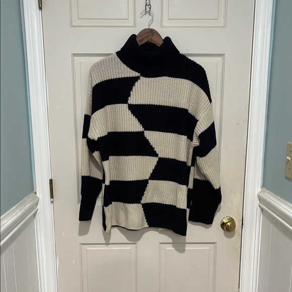 bobeau Sweaters - Bobeau Black and Cream Striped Turtleneck Sweater